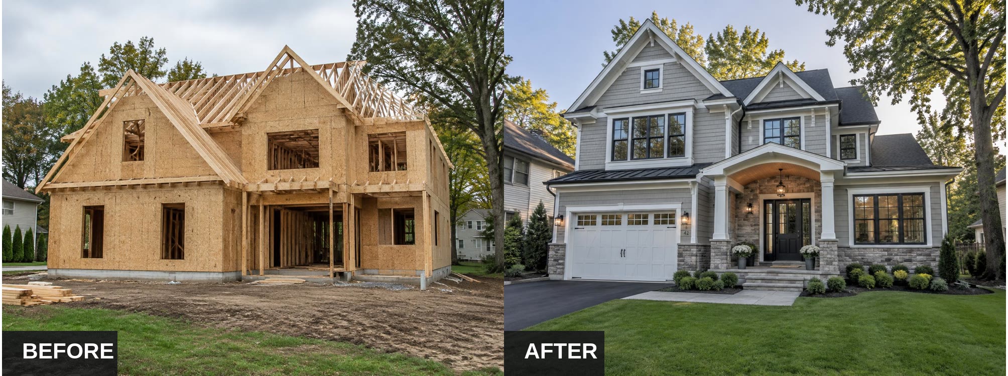 Before and after: framing stage next to the finished custom home