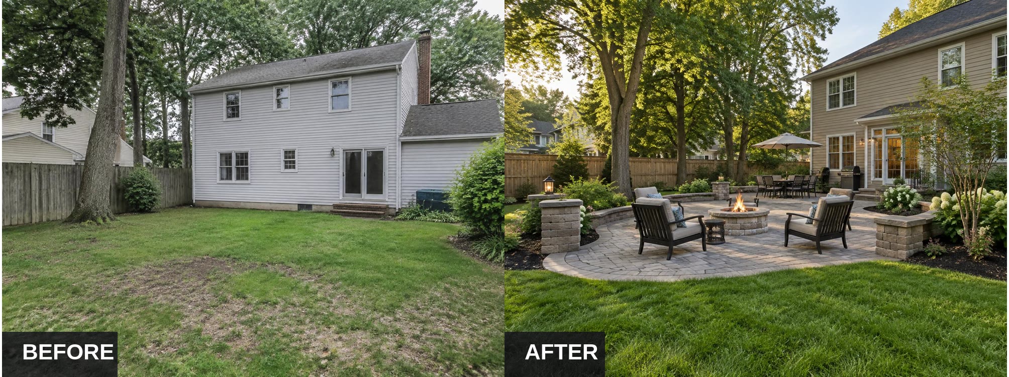Before and after: the same backyard before and after the patio build