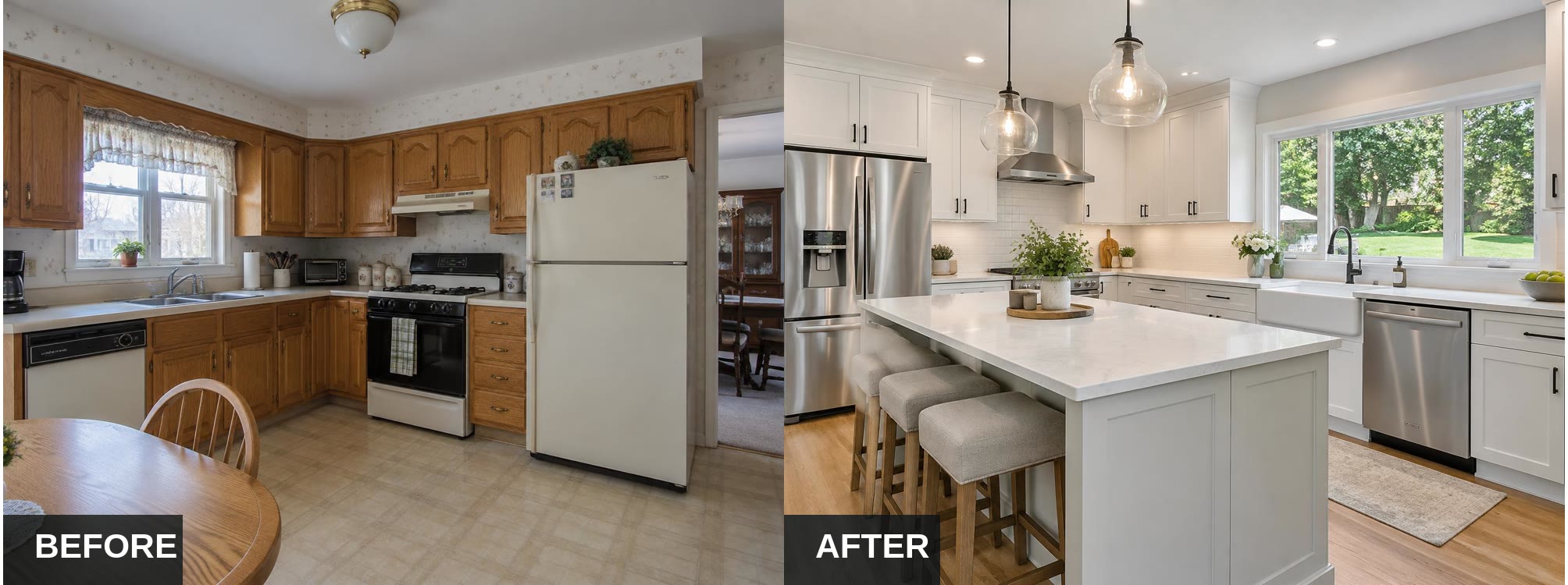 Before and after: the same kitchen dated and then renovated
