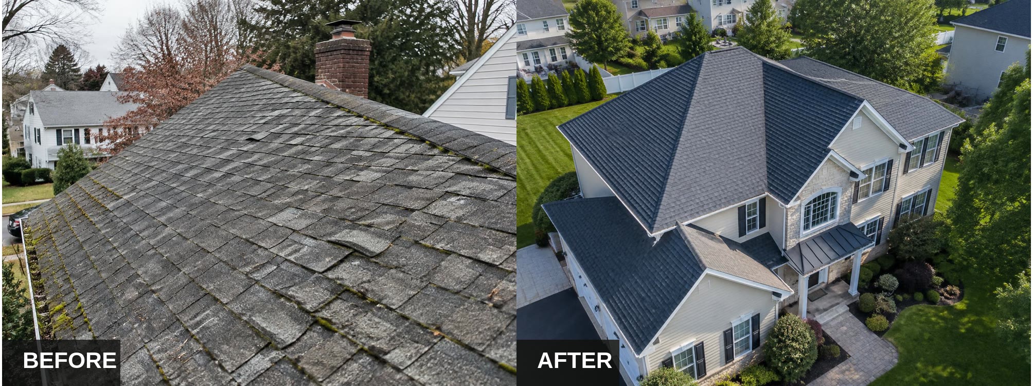 Before and after: worn roof next to the completed replacement