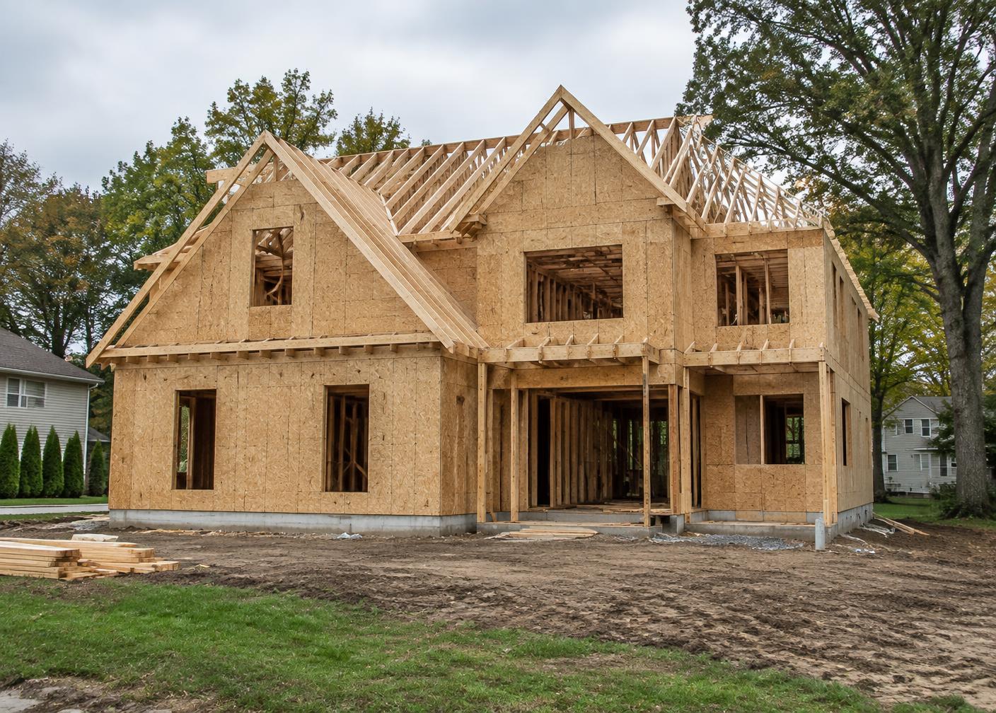 Framing and roof trusses up on a new build