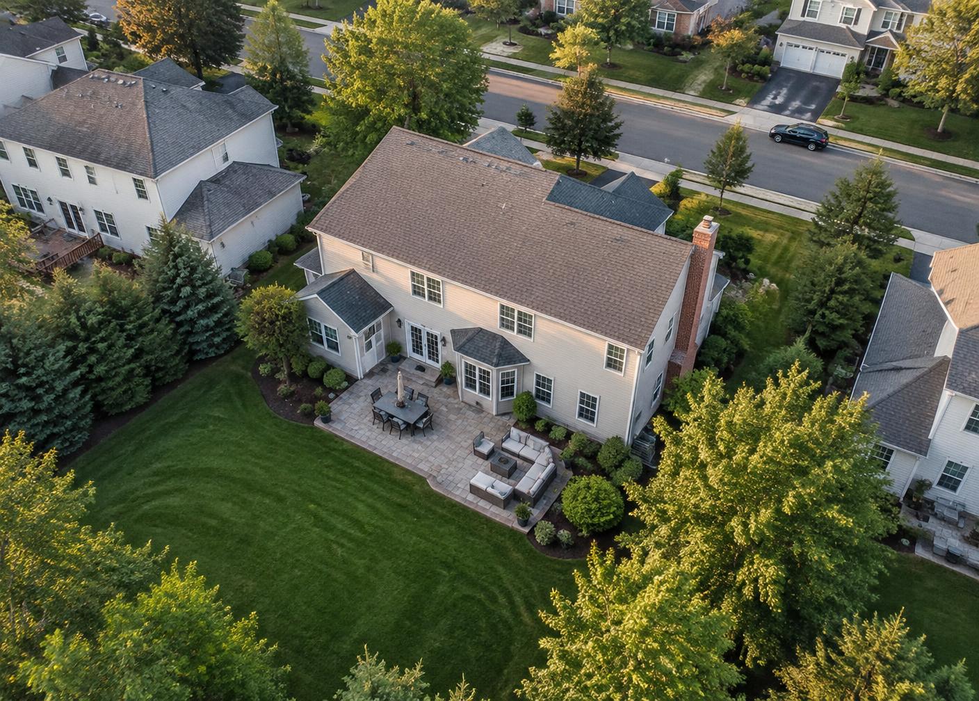Low aerial of the rear elevation and patio