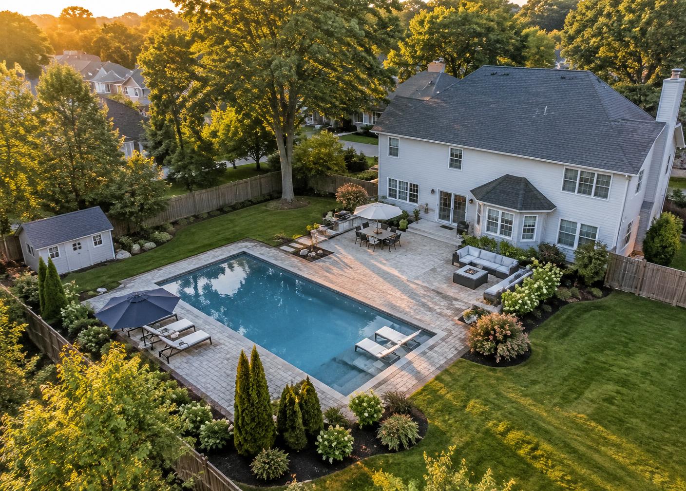 Backyard pool and patio from above