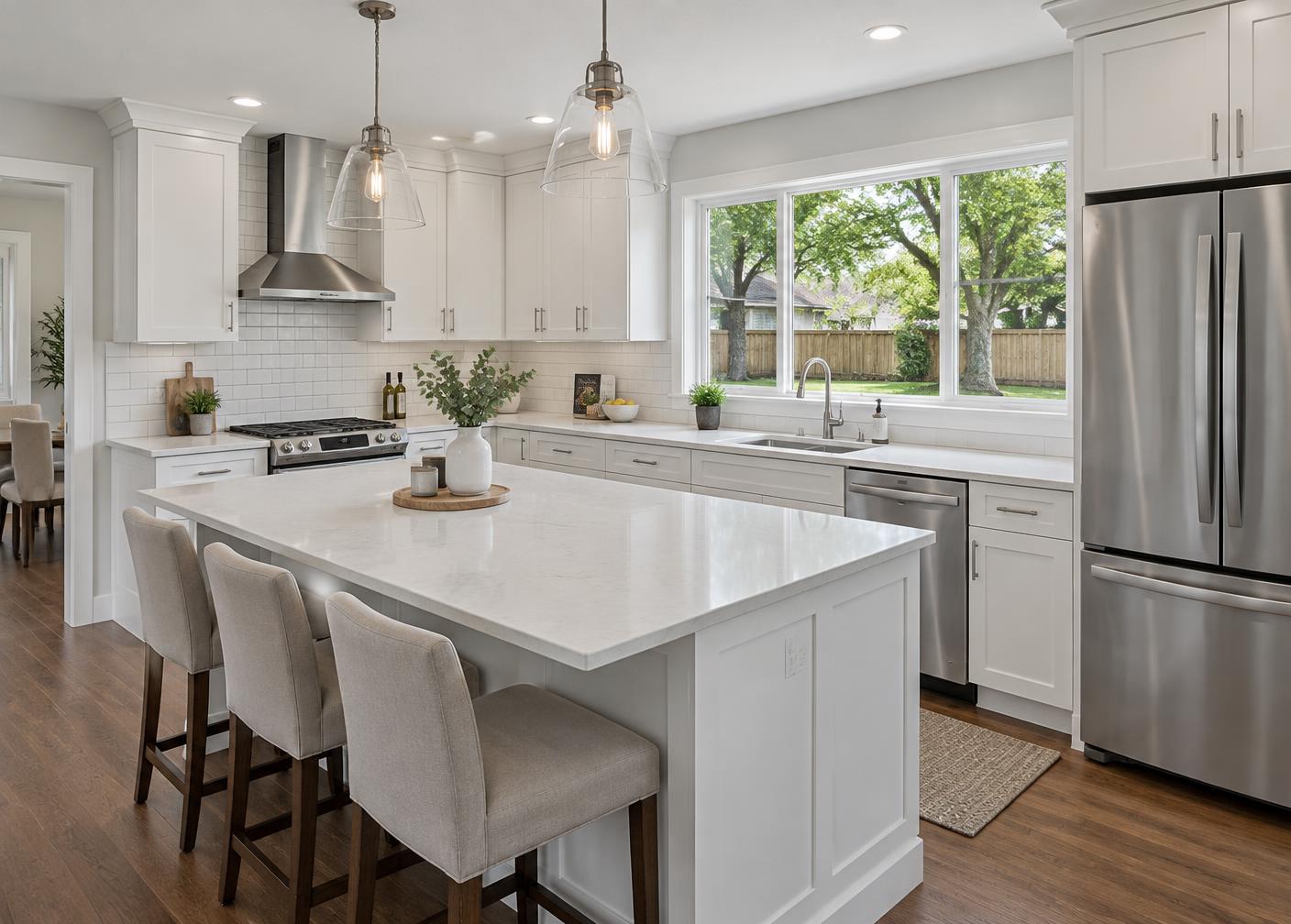 White kitchen with quartz island