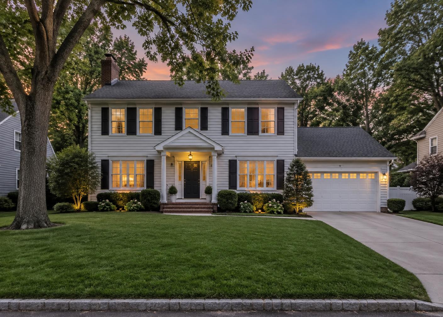 Front exterior at dusk with warm windows