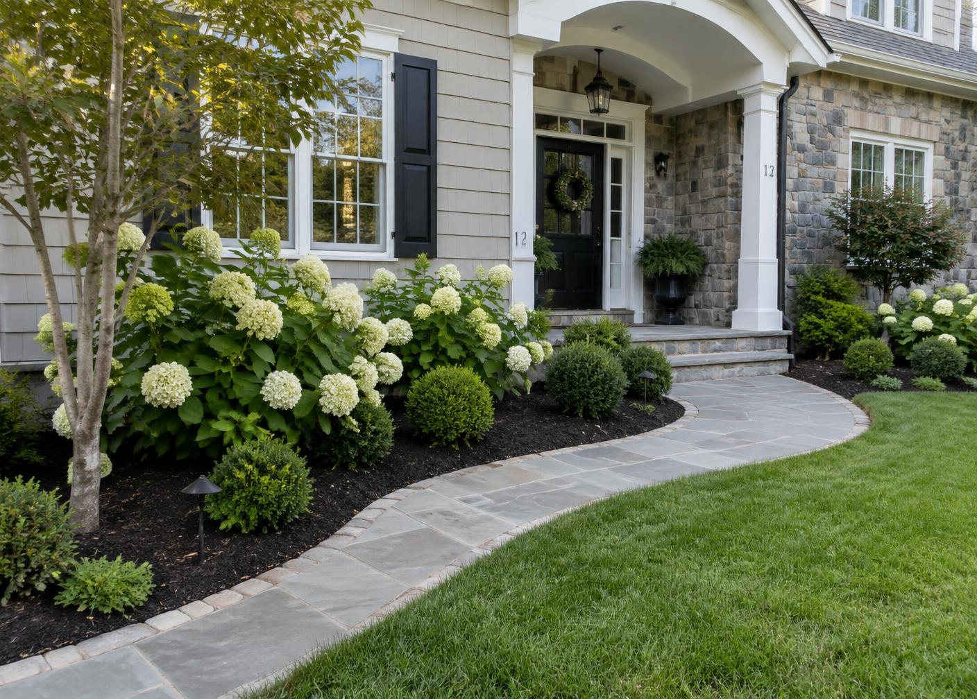 Front foundation plantings and walkway