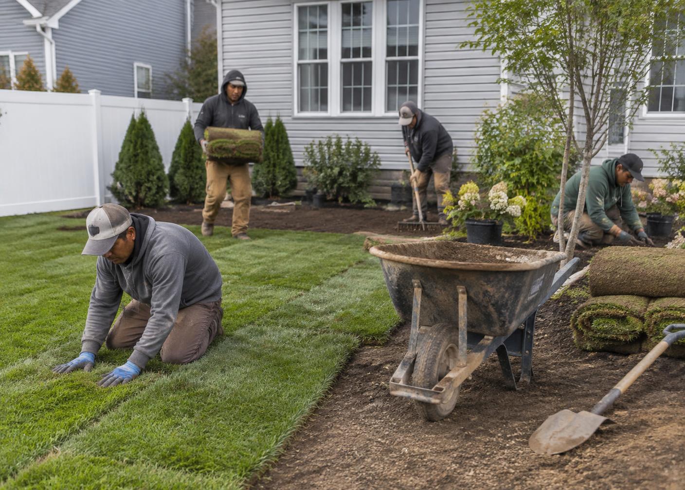 Crew installing sod and plantings