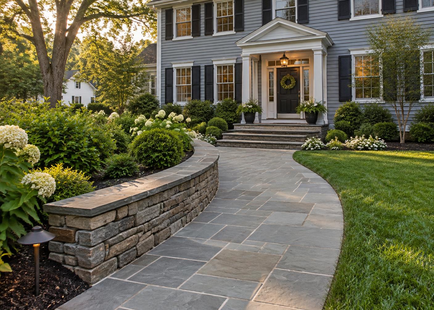 Stone walkway and seat wall to the front door