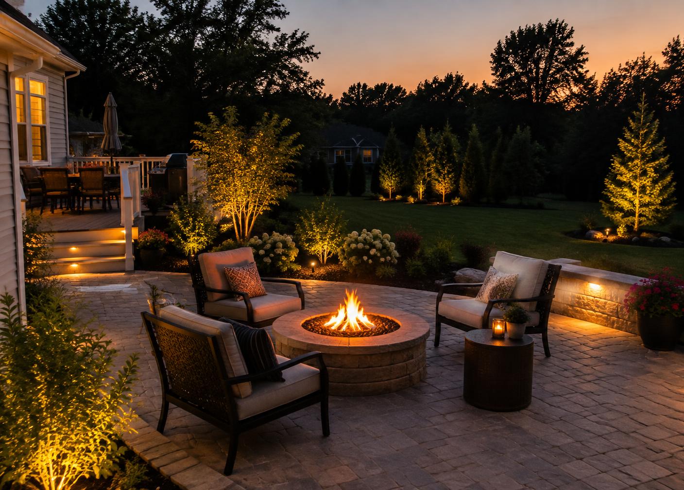 Patio and landscape lighting at dusk