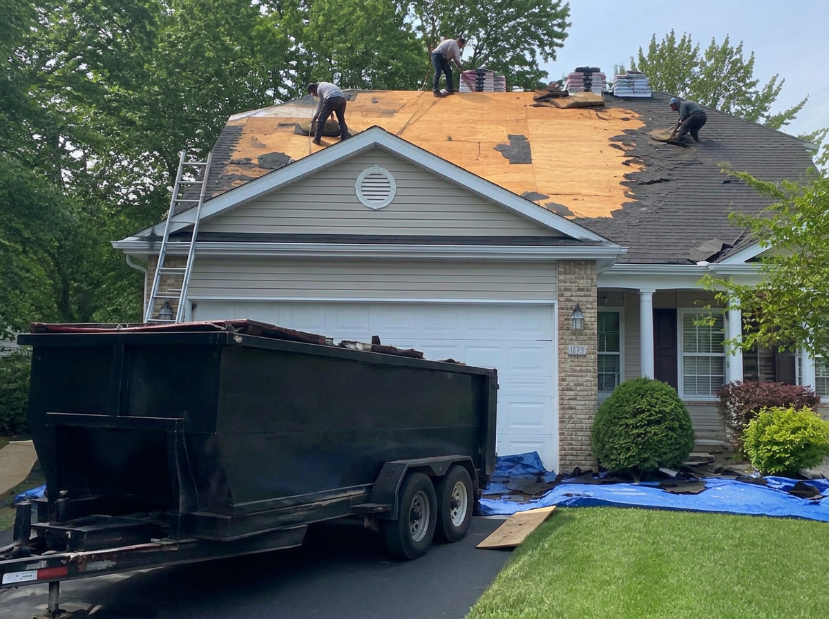 Tear-off in progress with exposed decking