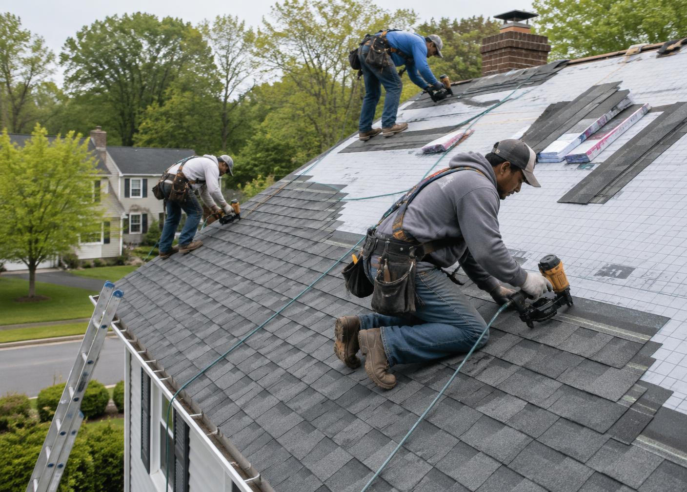 Crew installing new architectural shingles